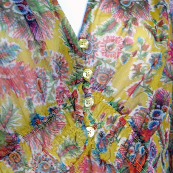 Anthropologie Gretchen V Neck Smocked Mesh Top Yellow Sheer Floral Blouse XS New - Picture 5 of 11